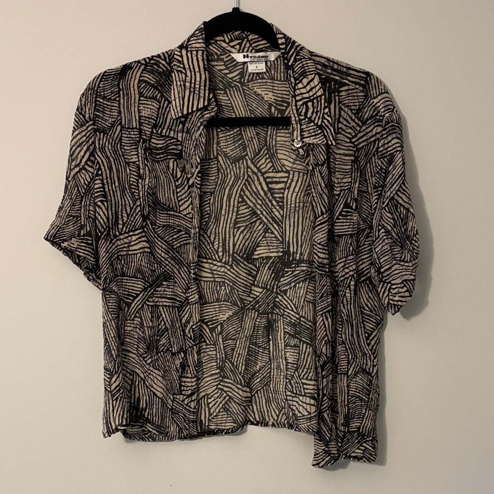 SILK Short Sleeve Button-Down Shirt in Black & Cream